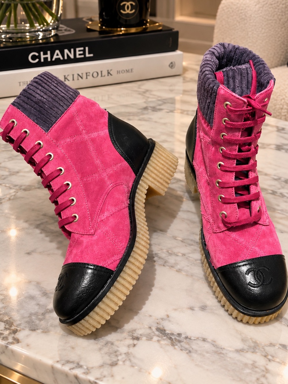 Will update💕CHANEL Pink Suede Quilted Lace-Up Ankle Boots with Black Leather Cap